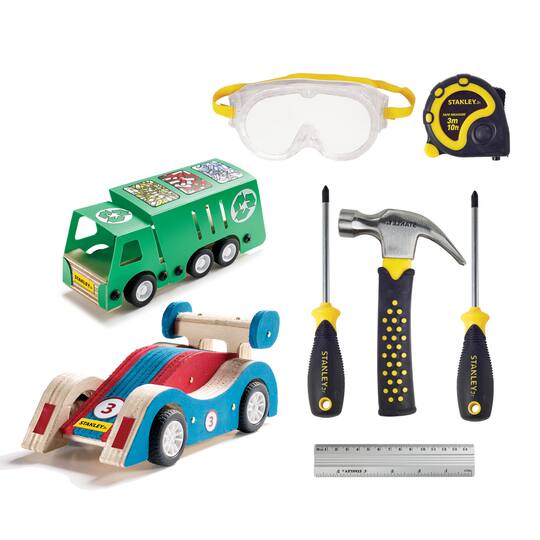 Red Toolbox Stanley Jr 6-Piece Tool Set With Recycling Truck & Pull Back Sports Car Kit